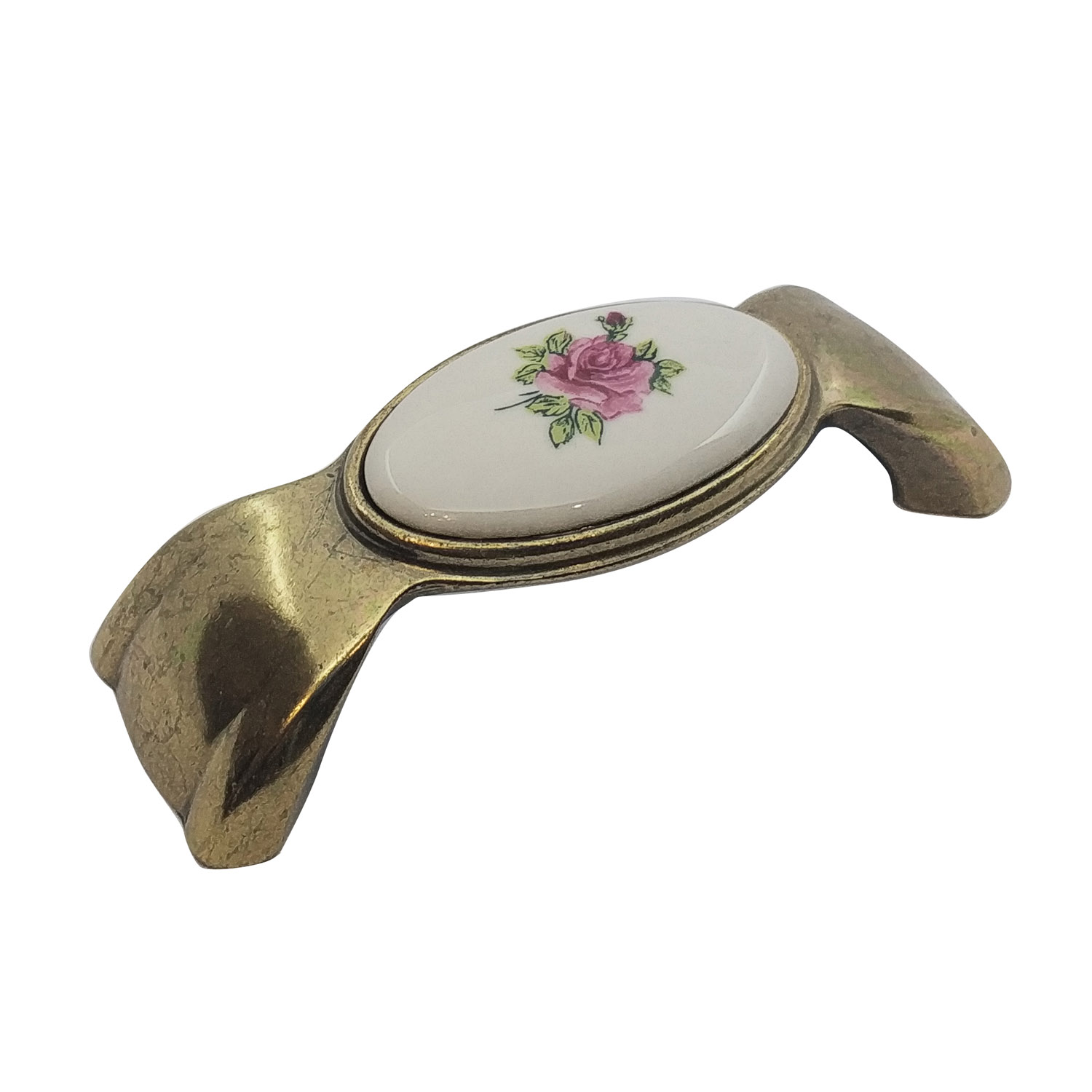 Ручка-скоба "роза на керамике" L=96мм, слоновая кость с розовой розой/бронза Ручка-скоба "роза на керамике" L=96мм, слоновая кость с розовой розой/бронза