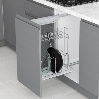 Выкатная система хранения сковород левая 450мм h640мм на напр.Blum с креп.к фасаду, хром/белый