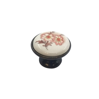 Ручка-кнопка с керамической вставкой D30мм, белый с красным цветком/бронза