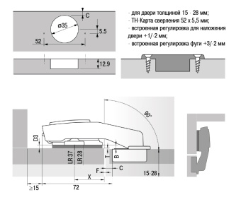 Петля HETTICH Sensys 8639i W90 (B4) 95°, ТФ 15-28, вкладная, с доводчиком TH52 Ø35, никель